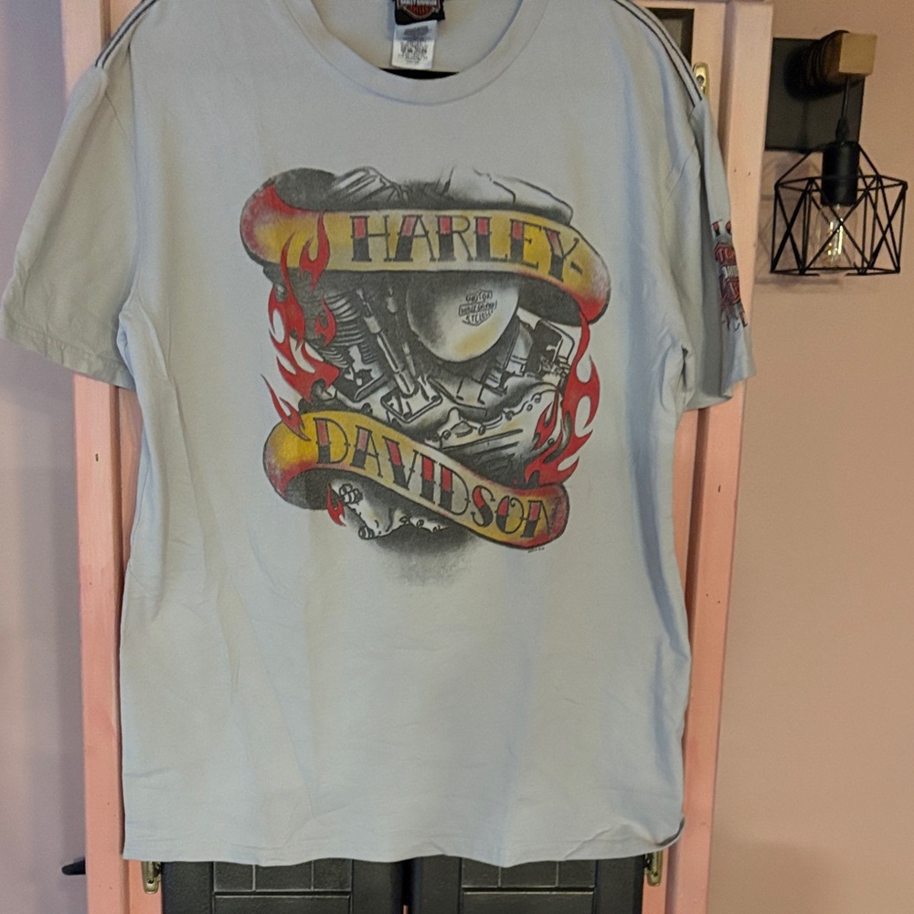 Harley-Davidson Pale Blue Tee with Engine Graphic and Red-Yellow Flames